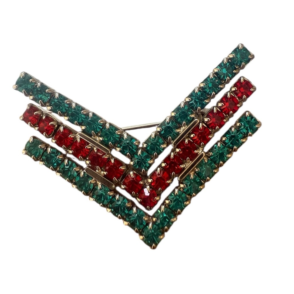 Sparkling‎ Rhinestone Brooch Red Green Chevron Pin Vintage Costume Jewelry Xmas